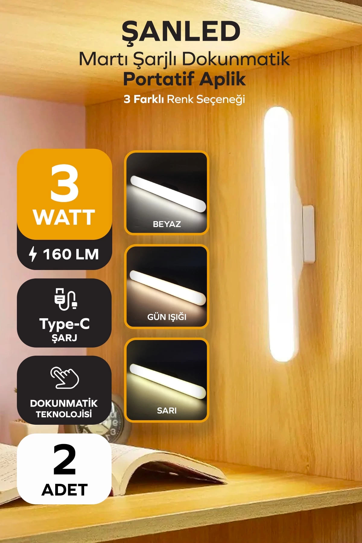 Şarjlı Mıknatıslı Işık Micro Usb Kablosuz Led 3 Farklı Işık Martı Aplik 2 Adet