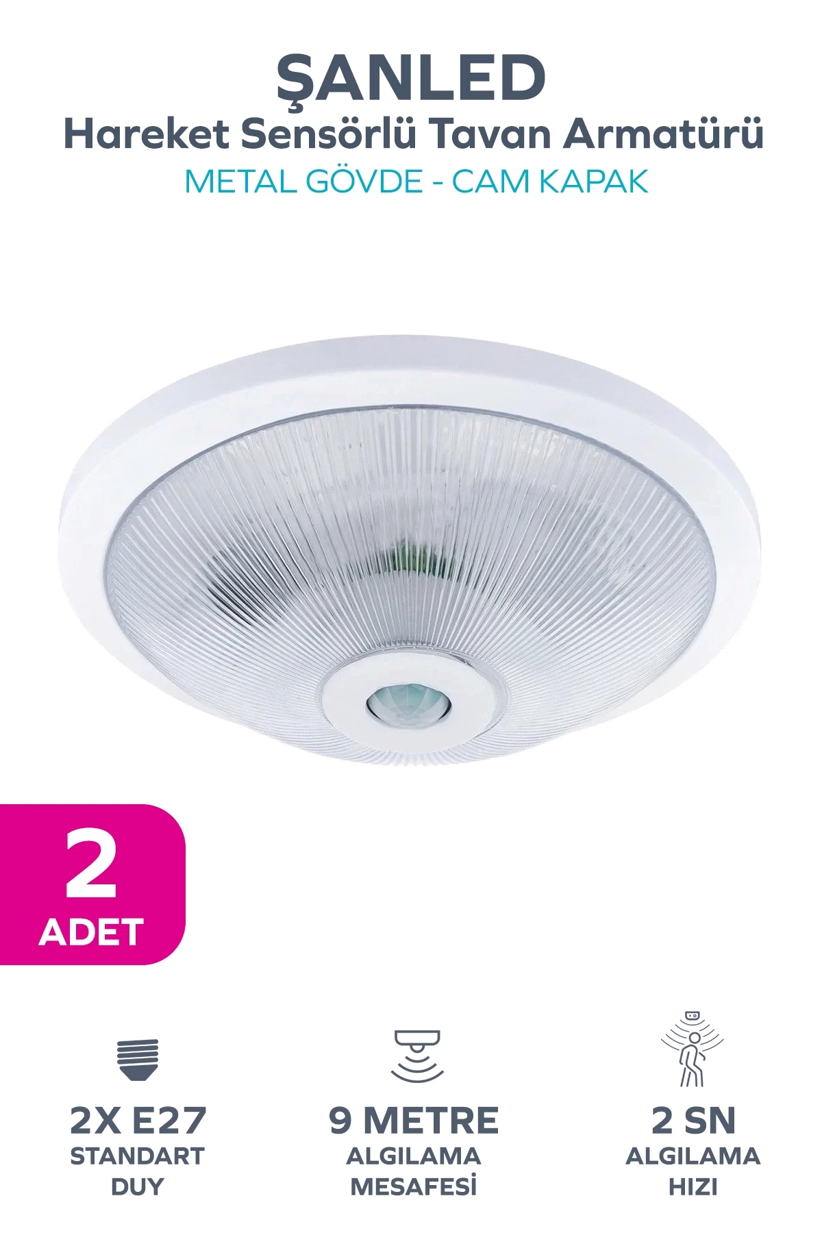 Sensörlü Tavan 360° Hareket Sensörlü Tavan Armatürü Çift duylu Lamba Glop 2 Adet
