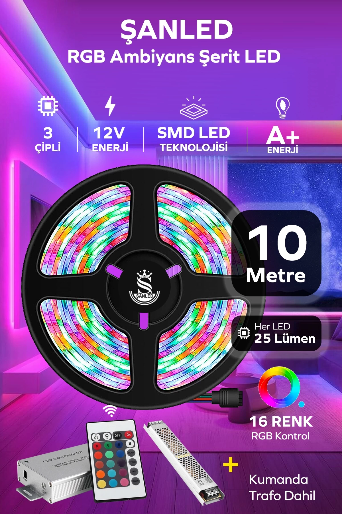 Şerit Led Animasyonlu Kumandalı Trafolu Rgb Şerit Işık Aydınlatma Parti Led 10 metre