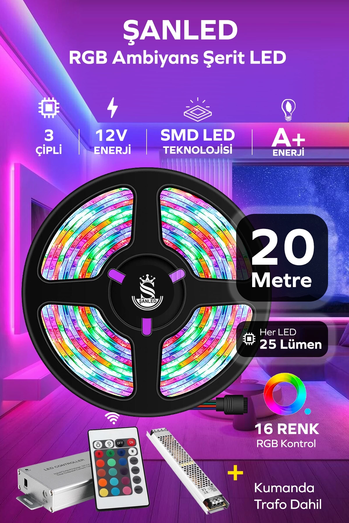 Şerit Led Animasyonlu Kumandalı Trafolu Rgb Şerit Işık Aydınlatma Parti Led 20 metre