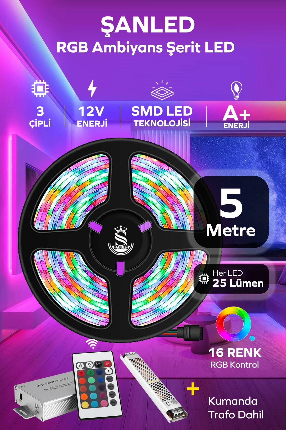 Şerit Led Animasyonlu Kumandalı Trafolu Rgb Şerit Işık Aydınlatma Parti Led 5 metre