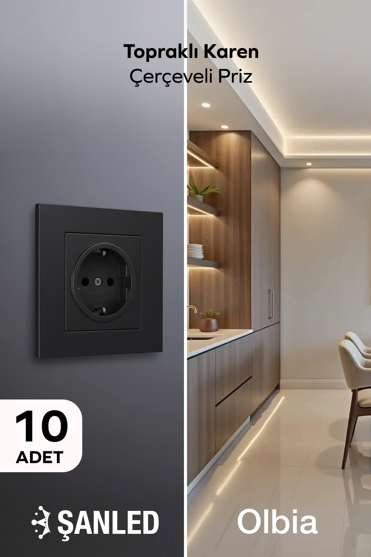 Siyah Topraklı Karen Çerçeveli Priz 10 Adet