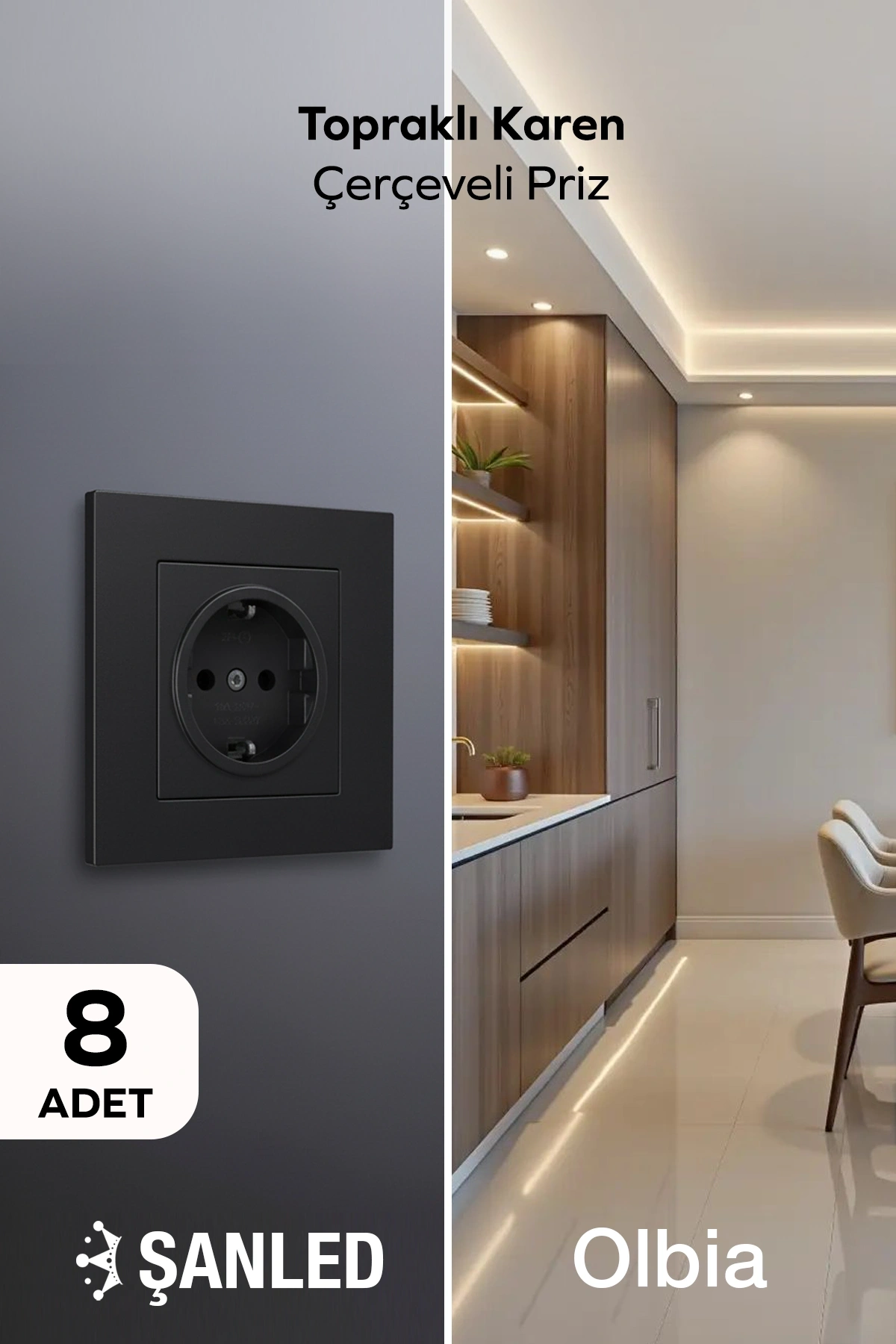 Siyah Topraklı Karen Çerçeveli Priz 8 Adet