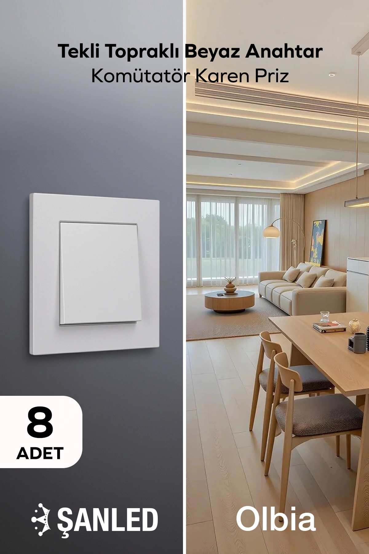 Tekli Topraklı Beyaz Anahtar Komütatör Karen Priz 8 Adet