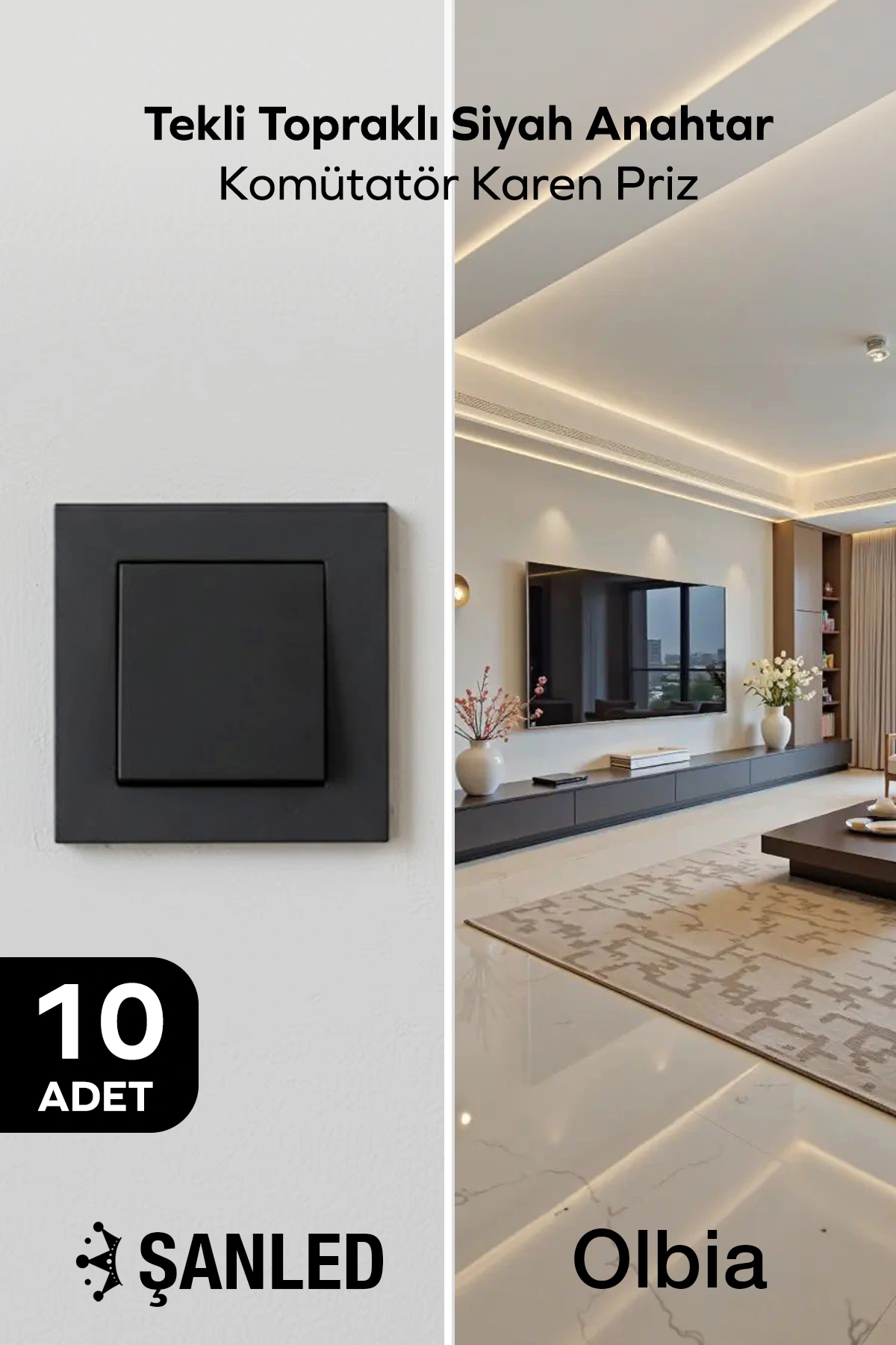 Tekli Topraklı Siyah Anahtar Komütatör Karen Priz 10 Adet
