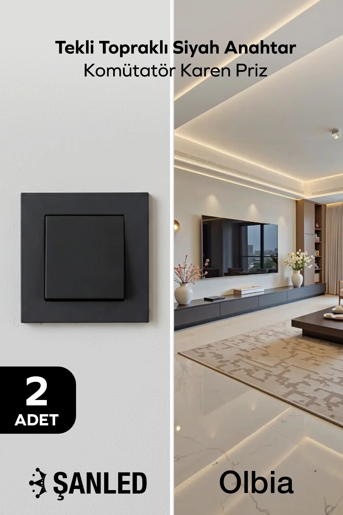 Tekli Topraklı Siyah Anahtar Komütatör Karen Priz 2 Adet