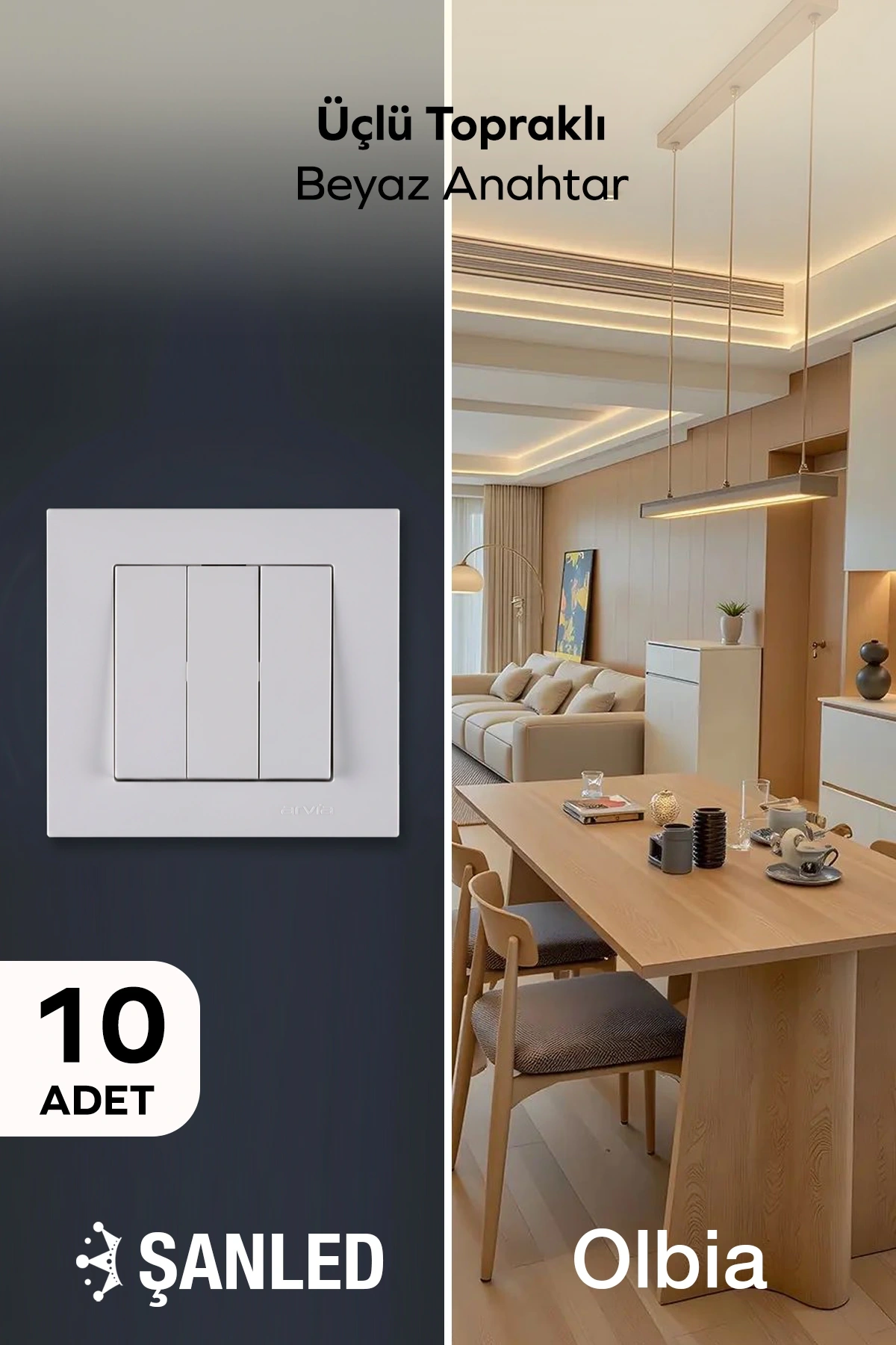 Üçlü Topraklı Beyaz Anahtar Komütatör Karen Priz 10 Adet