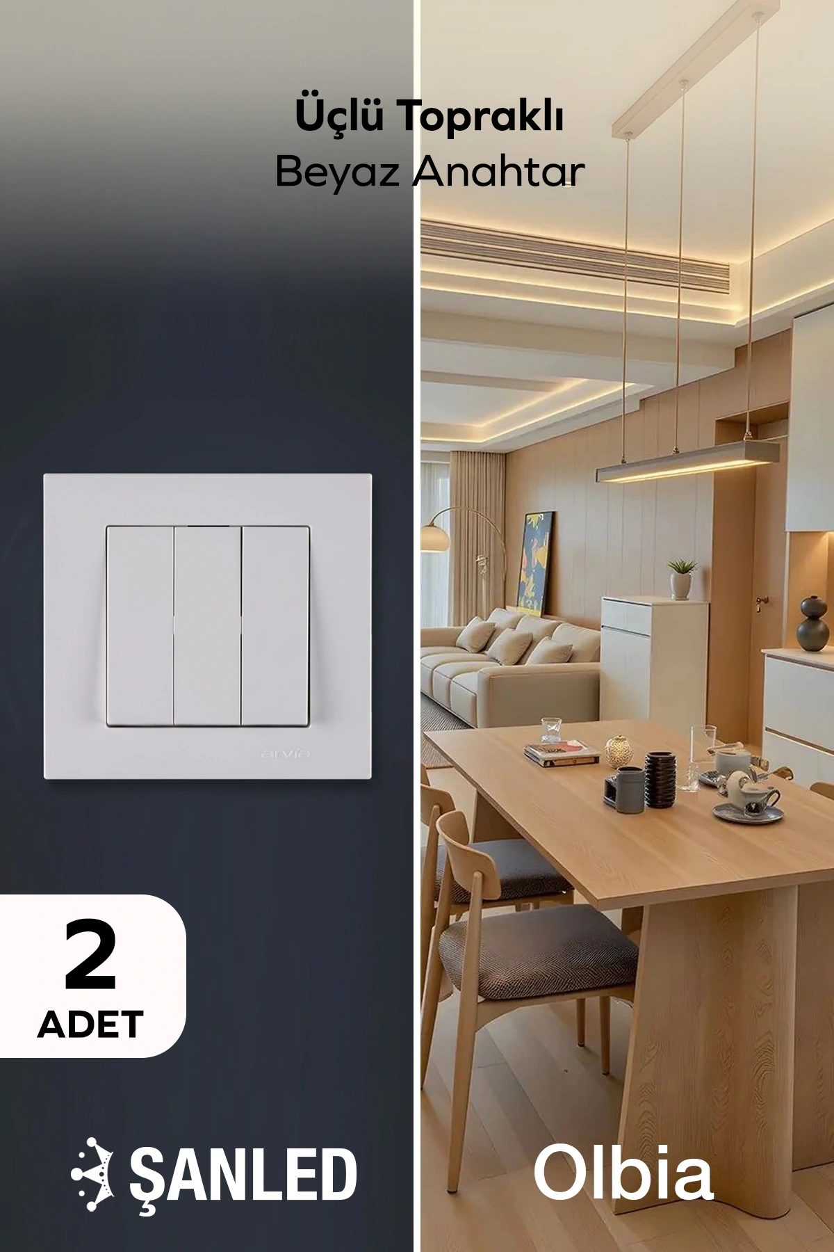 Üçlü Topraklı Beyaz Anahtar Komütatör Karen Priz 2 Adet