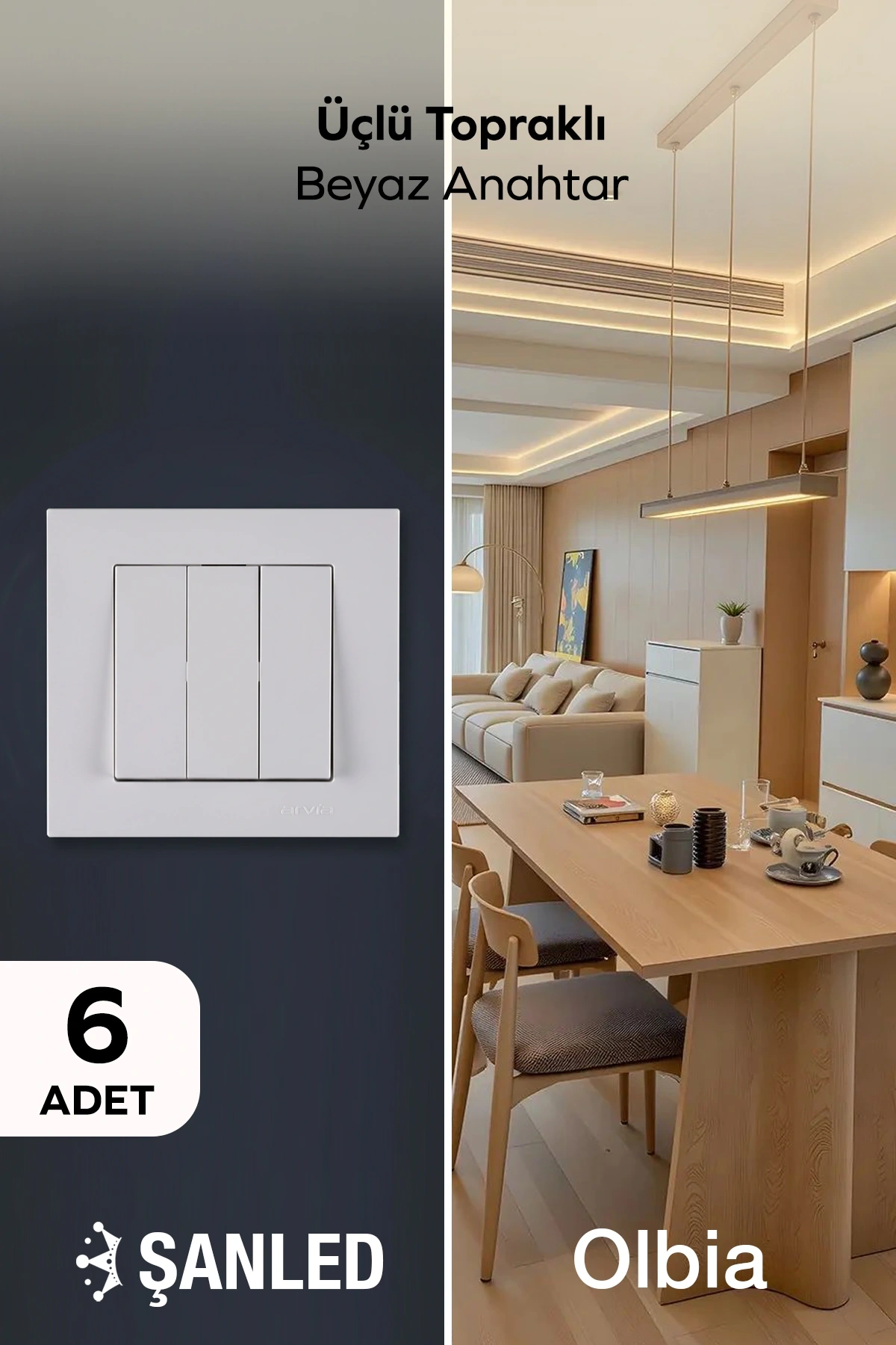 Üçlü Topraklı Beyaz Anahtar Komütatör Karen Priz 6 Adet