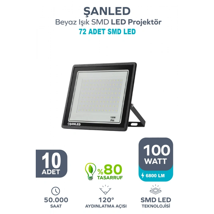 100W 6800 Lümen 6500K Beyaz Işık Smd LED Projektör 10 ADET