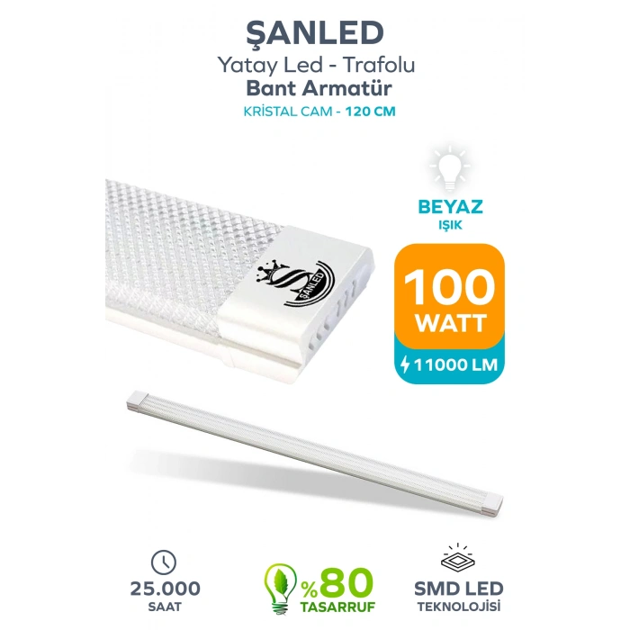 100Wat 120 cm KRİSTAL Yatay LED Bant Armatür-Trafolu Beyaz Işık 1 Adet