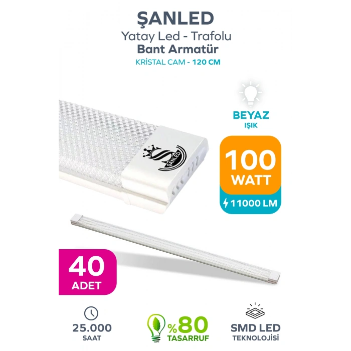 100Wat 120 cm KRİSTAL Yatay LED Bant Armatür-Trafolu Beyaz Işık 40 Adet
