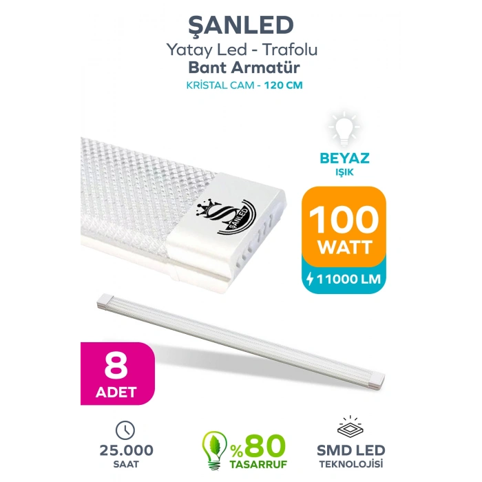 100Wat 120 cm KRİSTAL Yatay LED Bant Armatür-Trafolu Beyaz Işık 8 Adet
