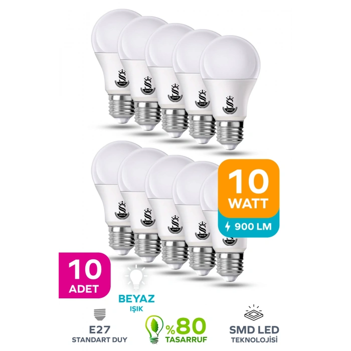 10W Tasarruflu Beyaz Işık Led Ampul 10 Adet