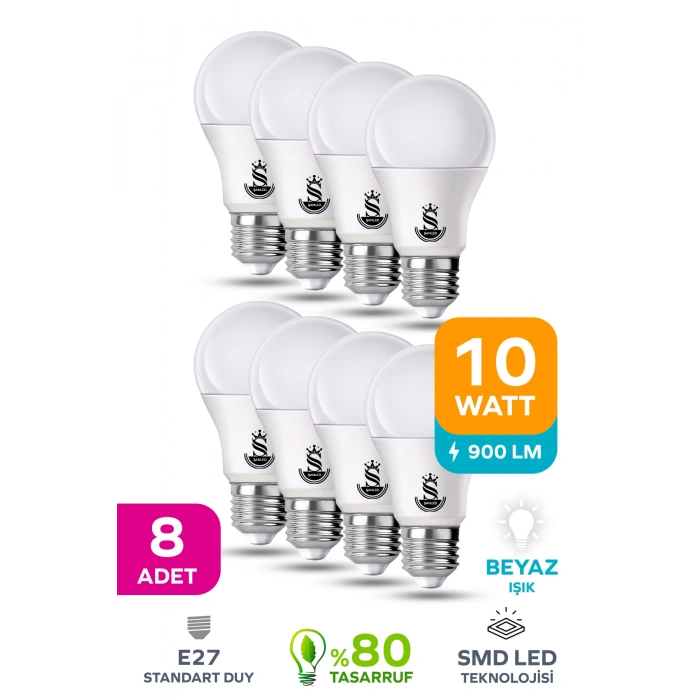 10W Tasarruflu Beyaz Işık Led Ampul 8 Adet