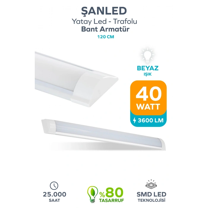 120 Cm 40 Watt Yatay Led Bant Armatür-trafolu Beyaz Işık 1 Adet