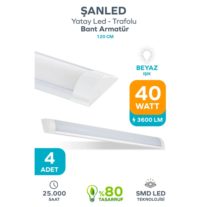 120 Cm 40 Watt Yatay Led Bant Armatür-trafolu Beyaz Işık 4 Adet