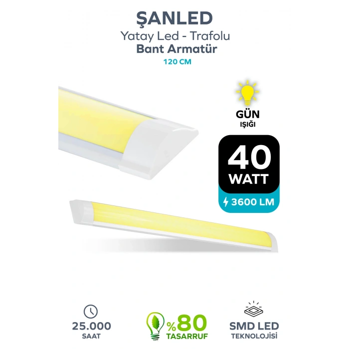 120 Cm 40 Watt Yatay Led Bant Armatür-trafolu Gün Işığı 1 Adet