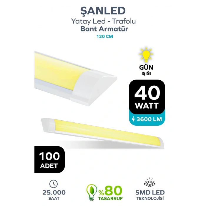 120 Cm 40 Watt Yatay Led Bant Armatür-trafolu Gün Işığı 100 Adet
