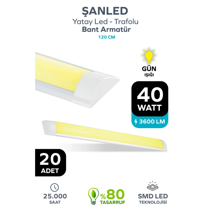 120 Cm 40 Watt Yatay Led Bant Armatür-trafolu Gün Işığı 20 Adet