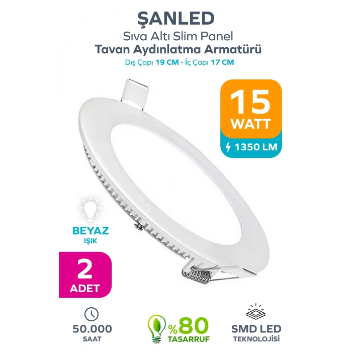 15w Tasarruflu Led Yuvarlak Beyaz Işık Sıva Altı Slim Panel Tavan Aydınlatma Armatürü 2 Adet