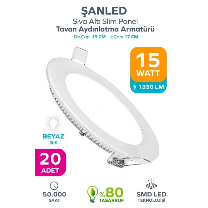 15w Tasarruflu Led Yuvarlak Beyaz Işık Sıva Altı Slim Panel Tavan Aydınlatma Armatürü 20 Adet