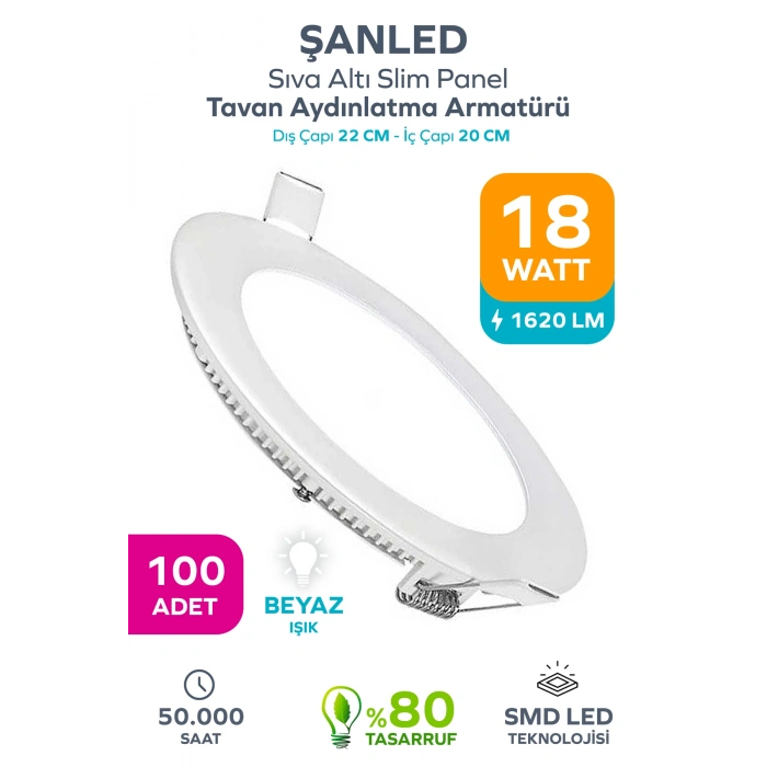 18w Tasarruflu Led Yuvarlak Beyaz Işık Sıva Altı Slim Panel Tavan Aydınlatma Armatürü 100 Adet