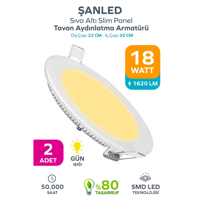 18w Tasarruflu Led Yuvarlak Gün Işığı Sıva Altı Slim Panel Tavan Aydınlatma Armatürü 2 Adet