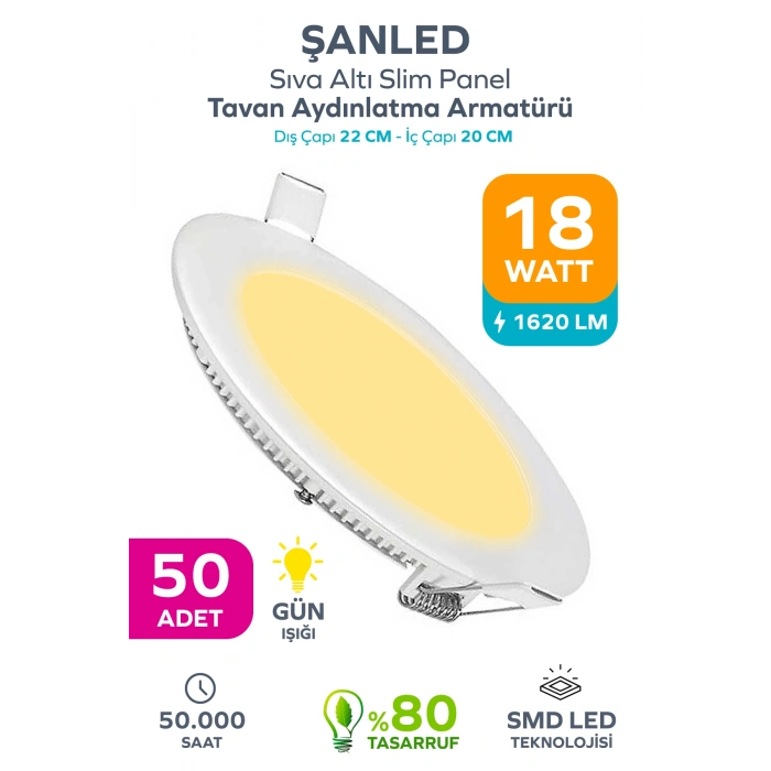 18w Tasarruflu Led Yuvarlak Gün Işığı Sıva Altı Slim Panel Tavan Aydınlatma Armatürü 50 Adet