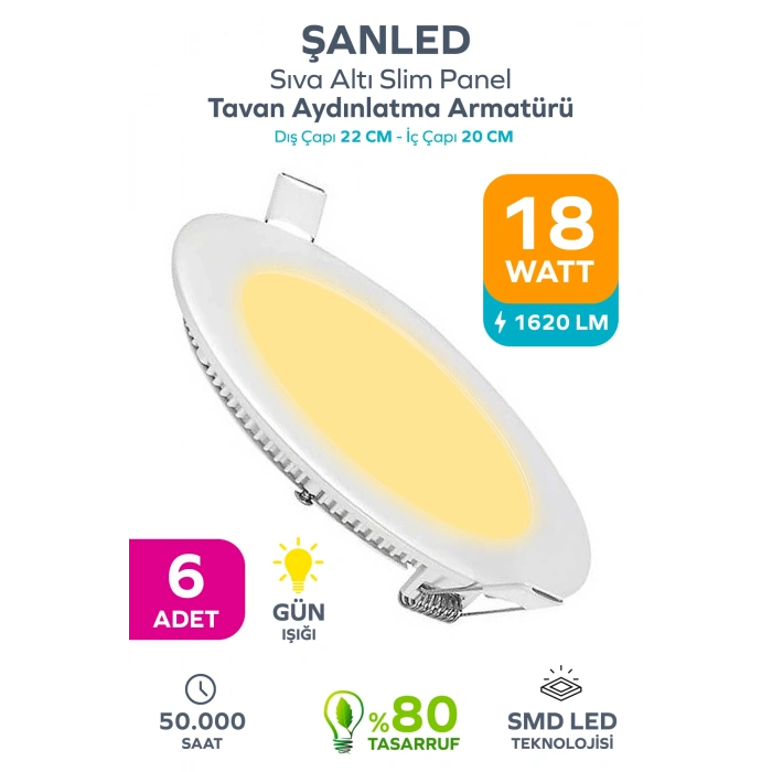 18w Tasarruflu Led Yuvarlak Gün Işığı Sıva Altı Slim Panel Tavan Aydınlatma Armatürü 6 Adet