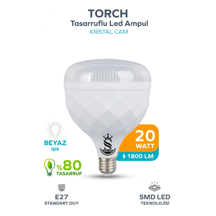 20W KRİSTAL Tasarruflu E27 Beyaz Işık Torch Led Ampul 1 Adet