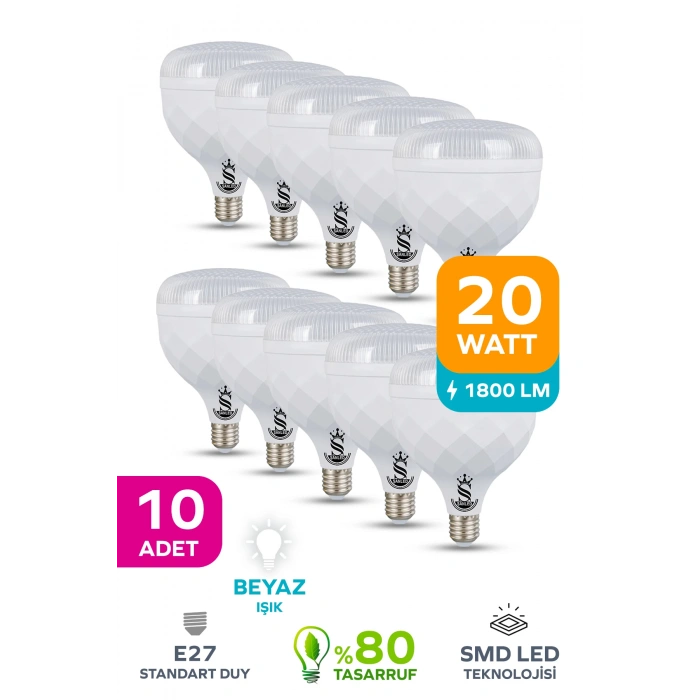 20W KRİSTAL Tasarruflu E27 Beyaz Işık Torch Led Ampul 10 Adet