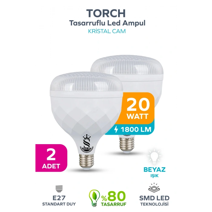 20W KRİSTAL Tasarruflu E27 Beyaz Işık Torch Led Ampul 2 Adet