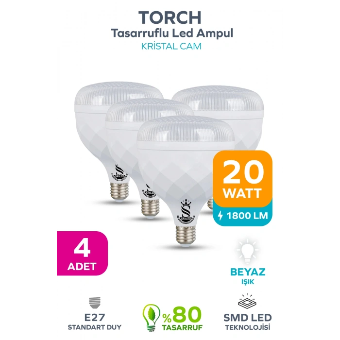 20W KRİSTAL Tasarruflu E27 Beyaz Işık Torch Led Ampul 4 Adet