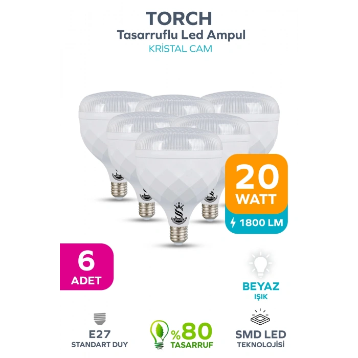 20W KRİSTAL Tasarruflu E27 Beyaz Işık Torch Led Ampul 6 Adet