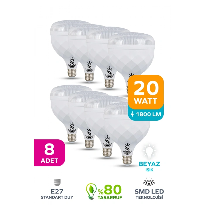 20W KRİSTAL Tasarruflu E27 Beyaz Işık Torch Led Ampul 8 Adet