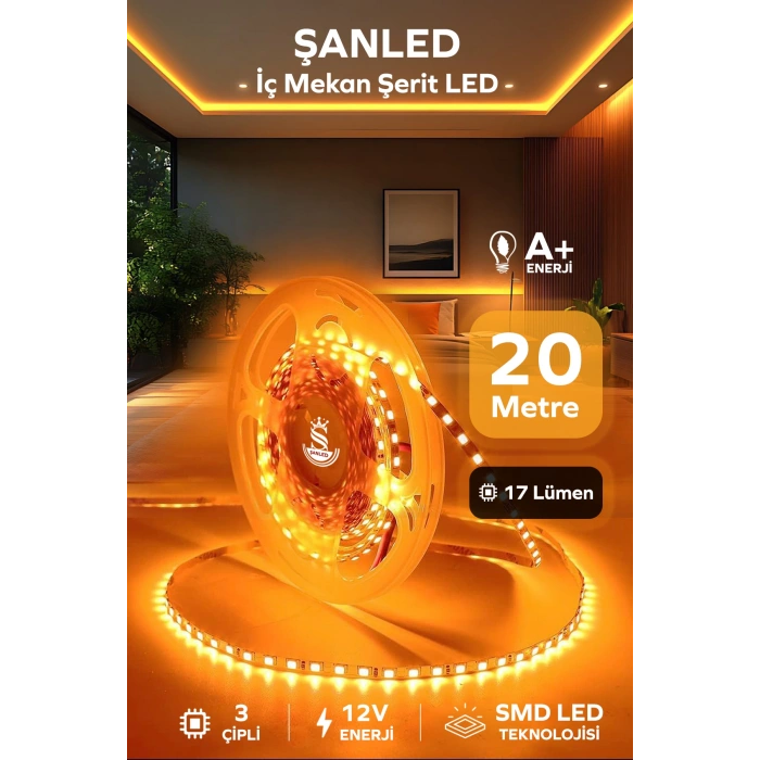 3 Çipli Iç Mekan Amber Rengi Şerit Led 20 Metre