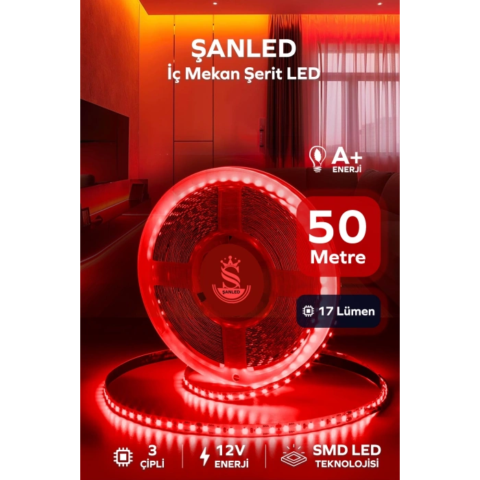 3 Çipli Iç Mekan Kırmızı Şerit Led 50 Metre