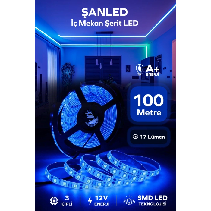 3 Çipli Iç Mekan Mavi Şerit Led 100 Metre