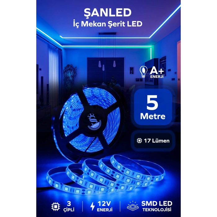 3 Çipli Iç Mekan Mavi Şerit Led 5 Metre