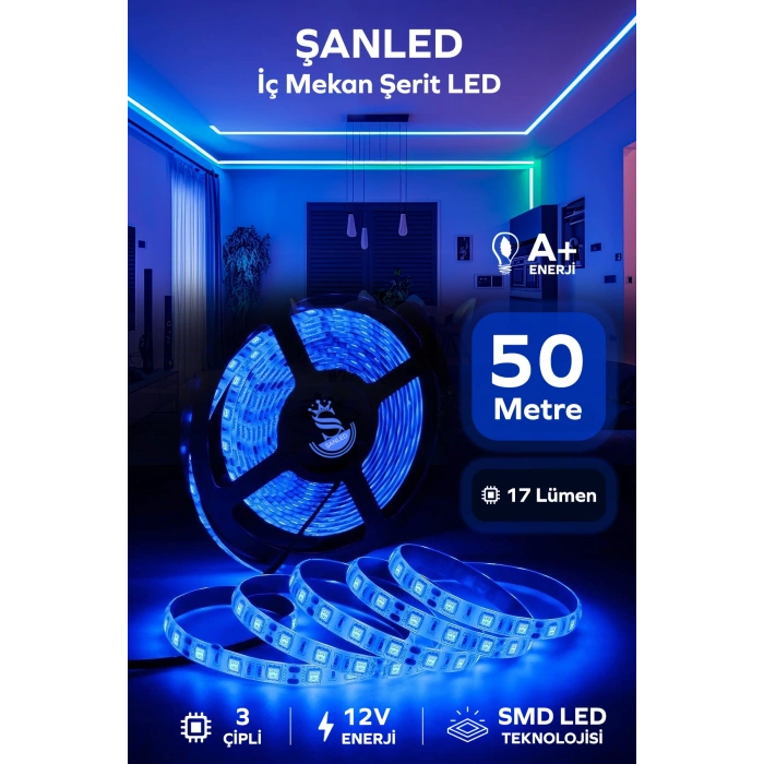 3 Çipli Iç Mekan Mavi Şerit Led 50 Metre