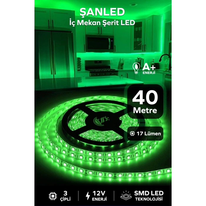 3 Çipli Iç Mekan Yeşil Şerit Led 40 Metre