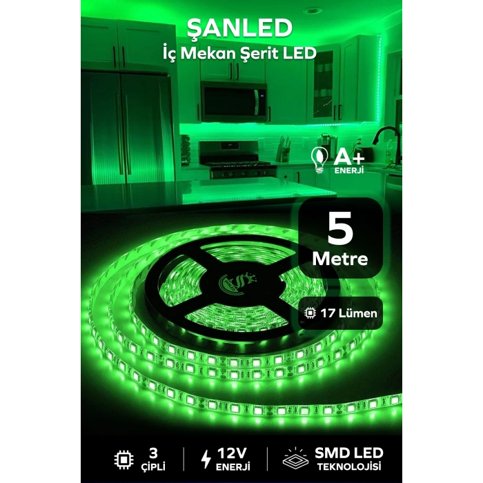 3 Çipli Iç Mekan Yeşil Şerit Led 5 Metre
