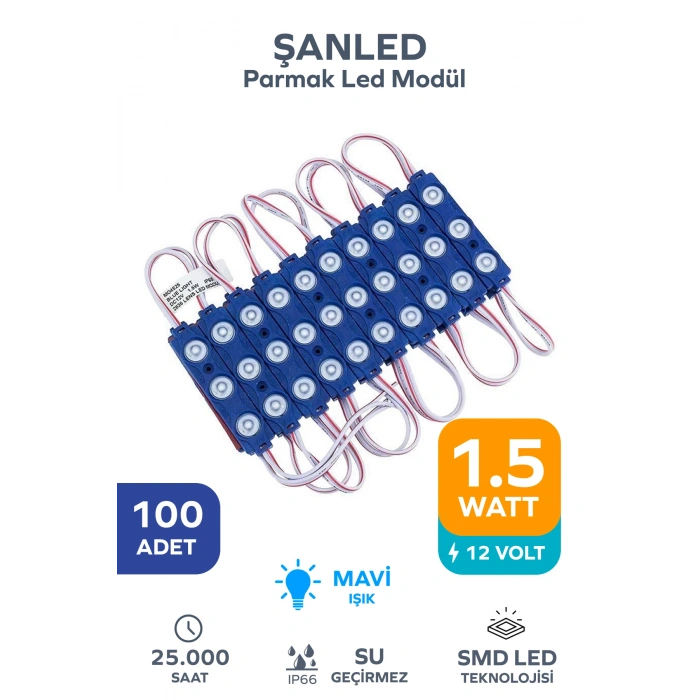 3 Ledli Parmak Led Modül 1.5w 2835 Smd Mercekli Mavi - 100 Adet