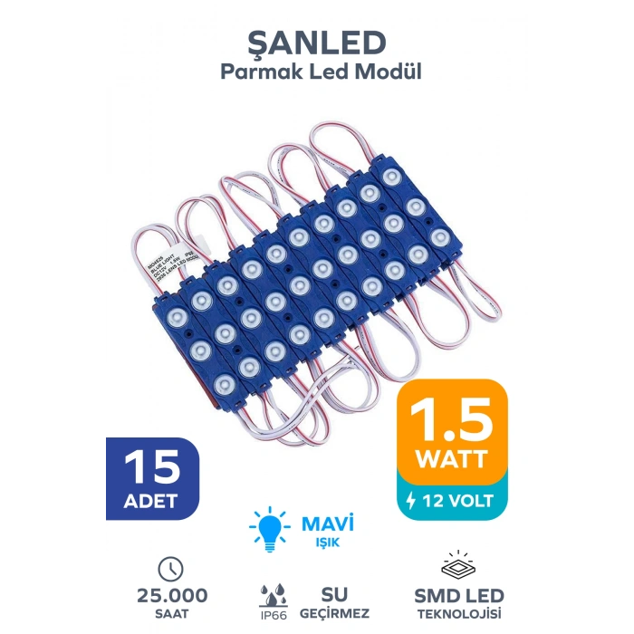 3 Ledli Parmak Led Modül 1.5w 2835 Smd Mercekli Mavi - 15 Adet