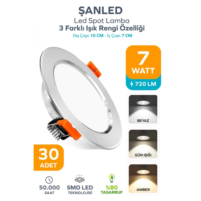 3 Renkli Beyaz Gün Işığı İkisi Bir Arada 7w Led Spot Lamba 30 Adet