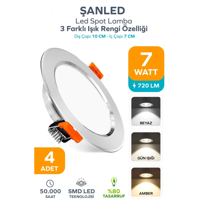 3 Renkli Beyaz Gün Işığı İkisi Bir Arada 7w Led Spot Lamba 4 Adet