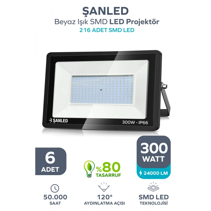 300W 24.000 Lümen 6500k Beyaz Işık Smd Led Projektör 6 Adet