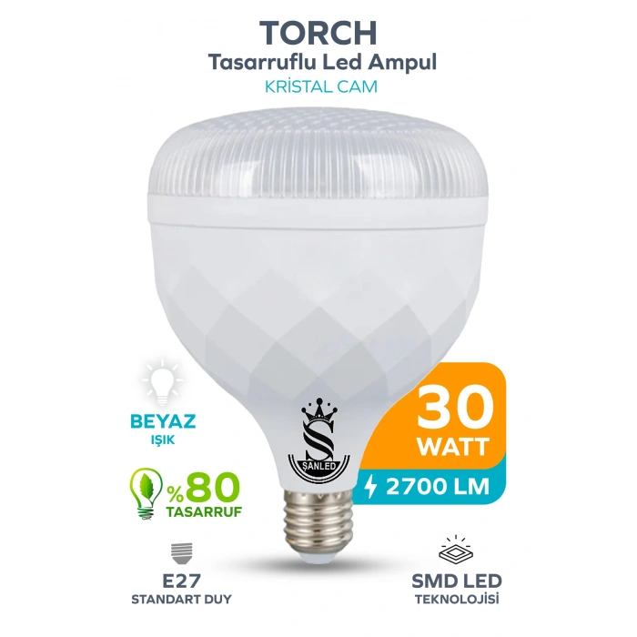 30W KRİSTAL Tasarruflu E27 Beyaz Işık Torch Led Ampul 1 Adet