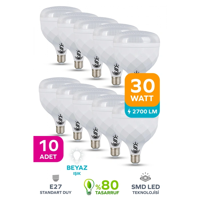 30W KRİSTAL Tasarruflu E27 Beyaz Işık Torch Led Ampul 10 Adet